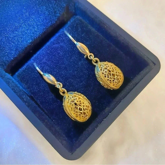 Rare 14k Gold Greek Byzantine Filigree Pendant Egg Earrings - Picture 4 of 8